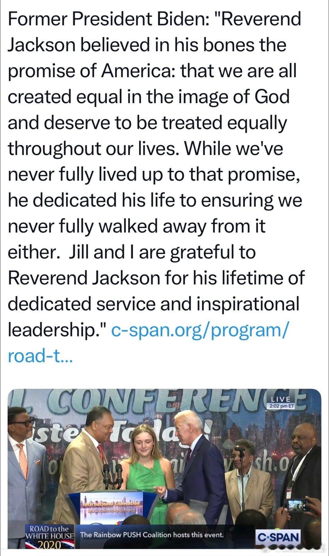 美国民权运动领袖Jesse Jackson因病在家中去世，享年八十四岁（家属没有