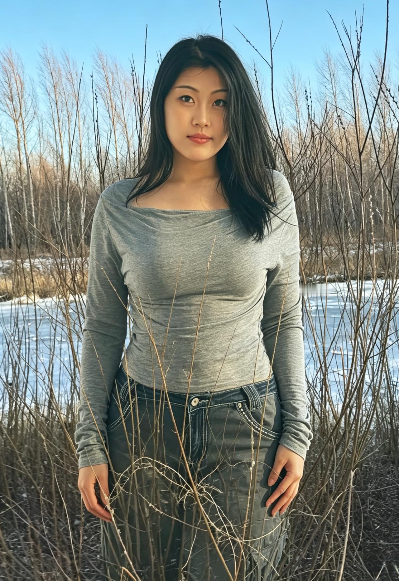 银柳初芽缀野津，清眸含韵自天真。
闲庭信步烟光里，不施粉黛也动人。