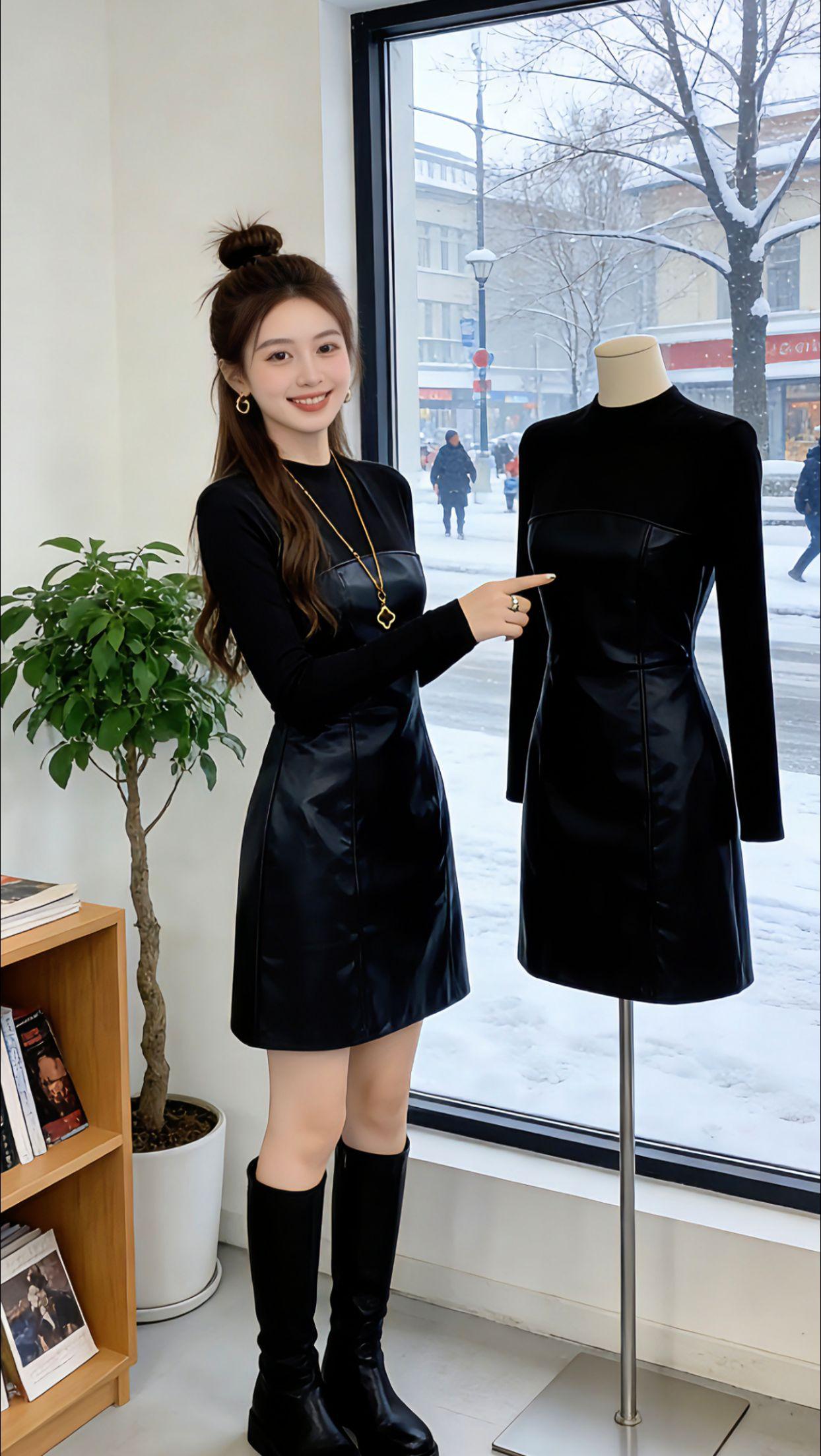 Danny在飘雪的午后逛街，一眼就被这条拼接皮裙吸引。针织拼接皮质面料软糯又挺括