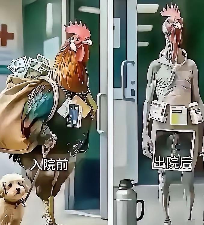 太真实了！入院前和出院后判若两人（鸡）令人唏嘘不已！

不得不说，这幅图片画的太