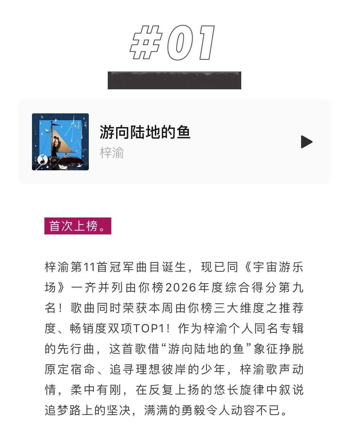 恭喜梓渝《游向陆地的鱼》夺得腾讯音乐由你榜第31期冠军还斩获了推荐度、畅销度双项