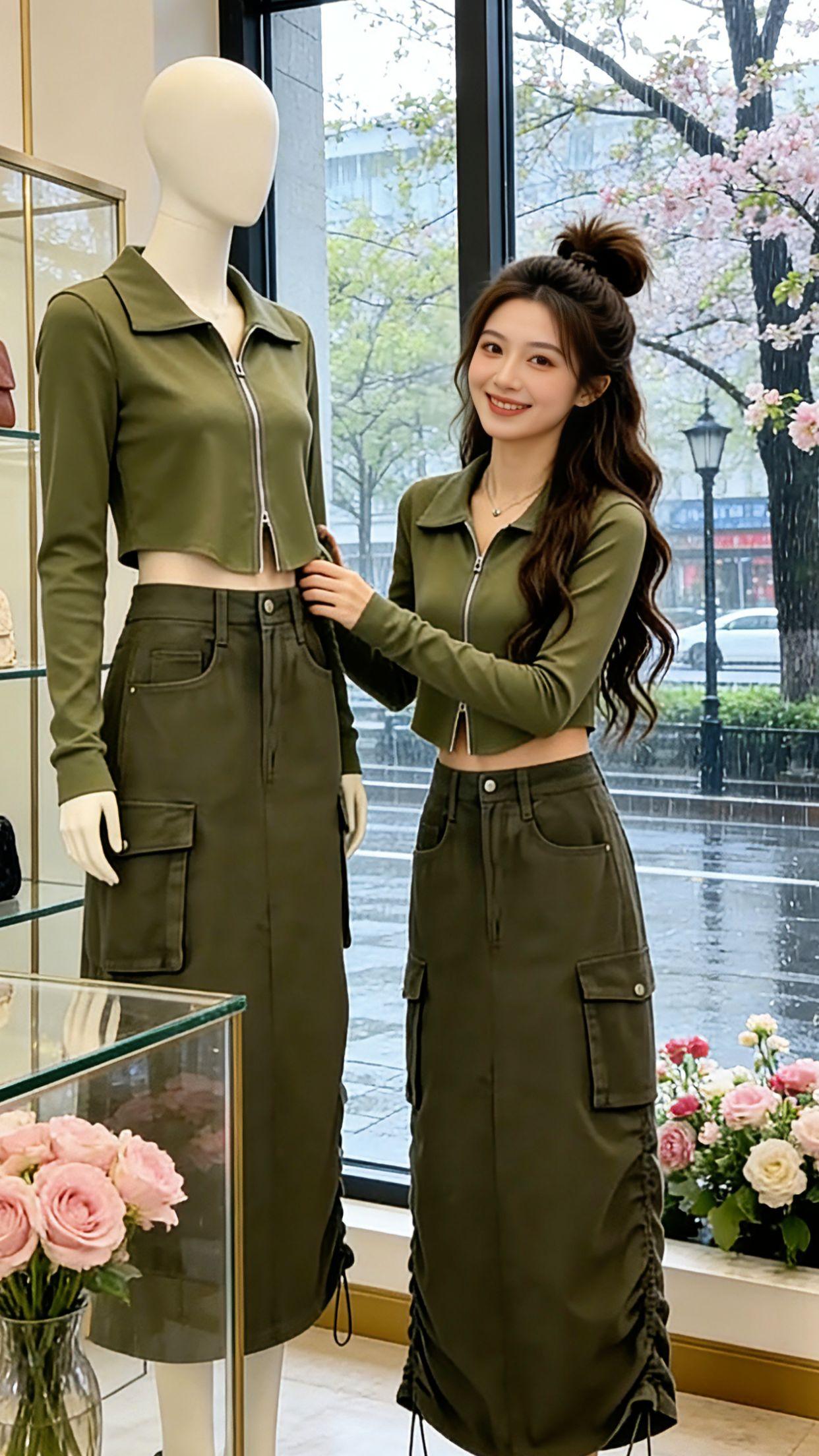 Danny的春日心动穿搭来啦！这套甜酷工装两件套太懂女生，短款拉链开衫拉高腰线，