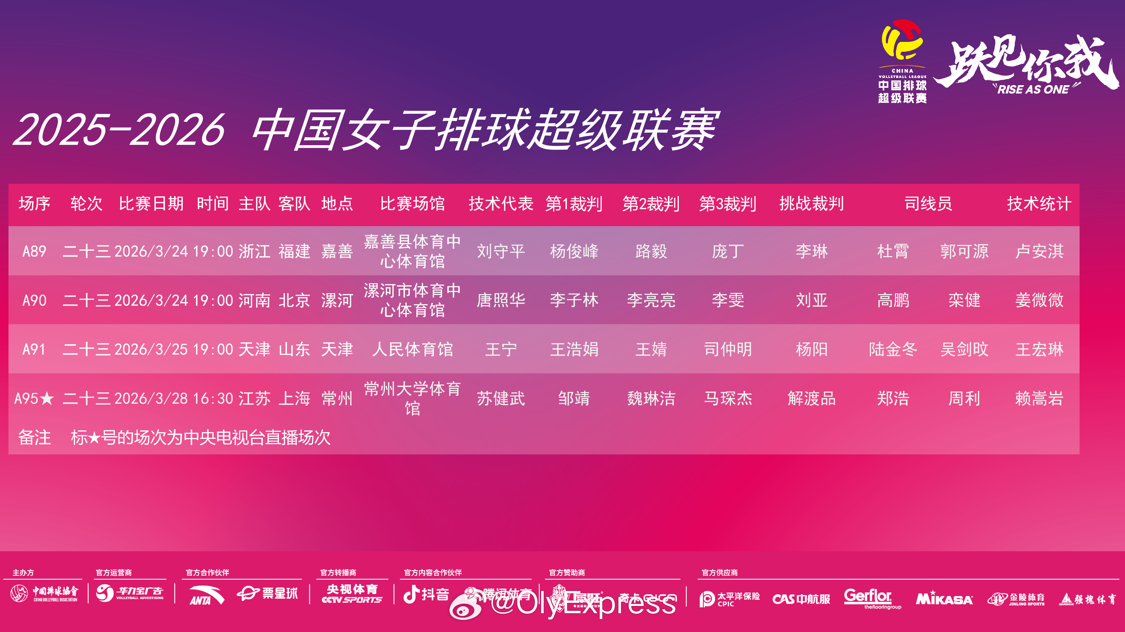 排超联赛 女排联赛本轮赛程对阵 