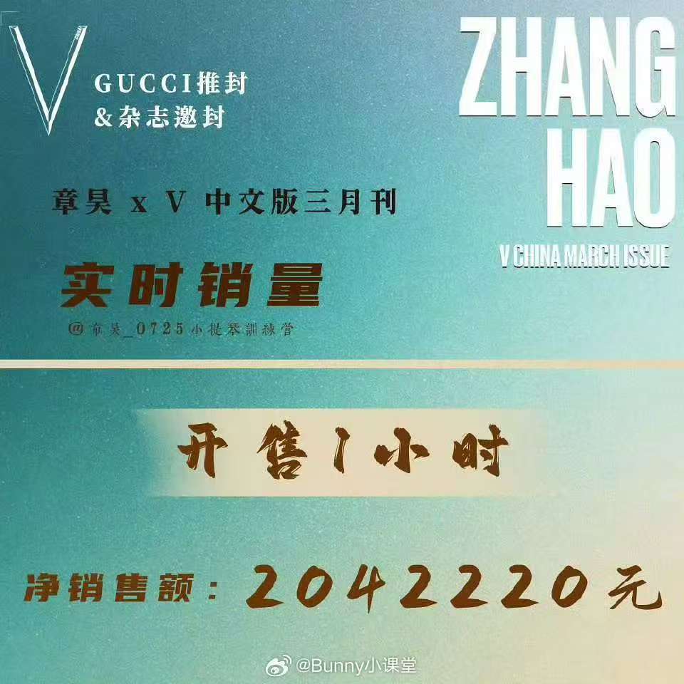 章昊杂志实绩章昊V中文版杂志实绩 开售一小时销售额突破200万！好牛！ 