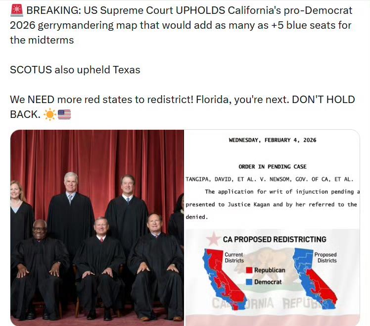 美国最高法院维持了加利福尼亚州一份偏向民主党的2026年选区划分地图，该地图可能
