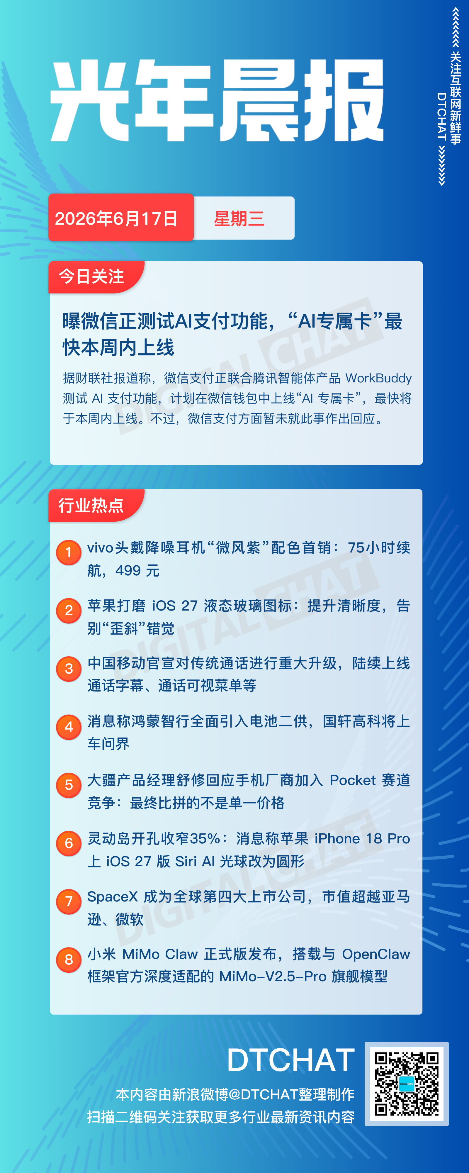 vol.954｜6月17日：DTCHAT光年晨报今日关注：曝微信正测试AI支付功