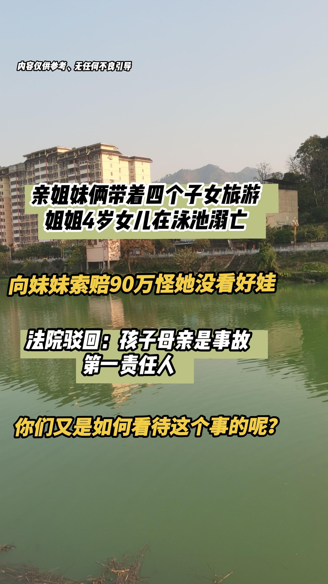 亲姐妹俩带4名子女旅游姐姐4岁女儿在泳池溺亡。姐姐向妹妹索赔90万，怪她没看好孩