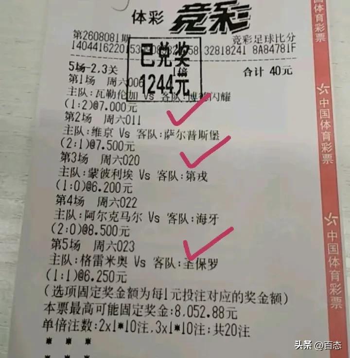 不得不说，这也是个厉害之人，投注40元，一倍投的竞彩足球比分，过关方式是5场2，