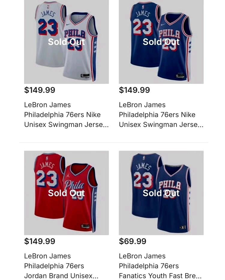 詹姆斯带给费城的变化太震撼了！
詹姆斯的76人球衣在Fanatics网站上架不到