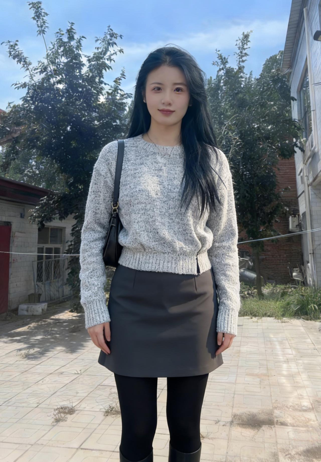 瓦舍疏林接远丘，佳人闲立最温柔。
素绒裁就轻盈影，黑发飘成婉转流。
眼底无尘藏皓