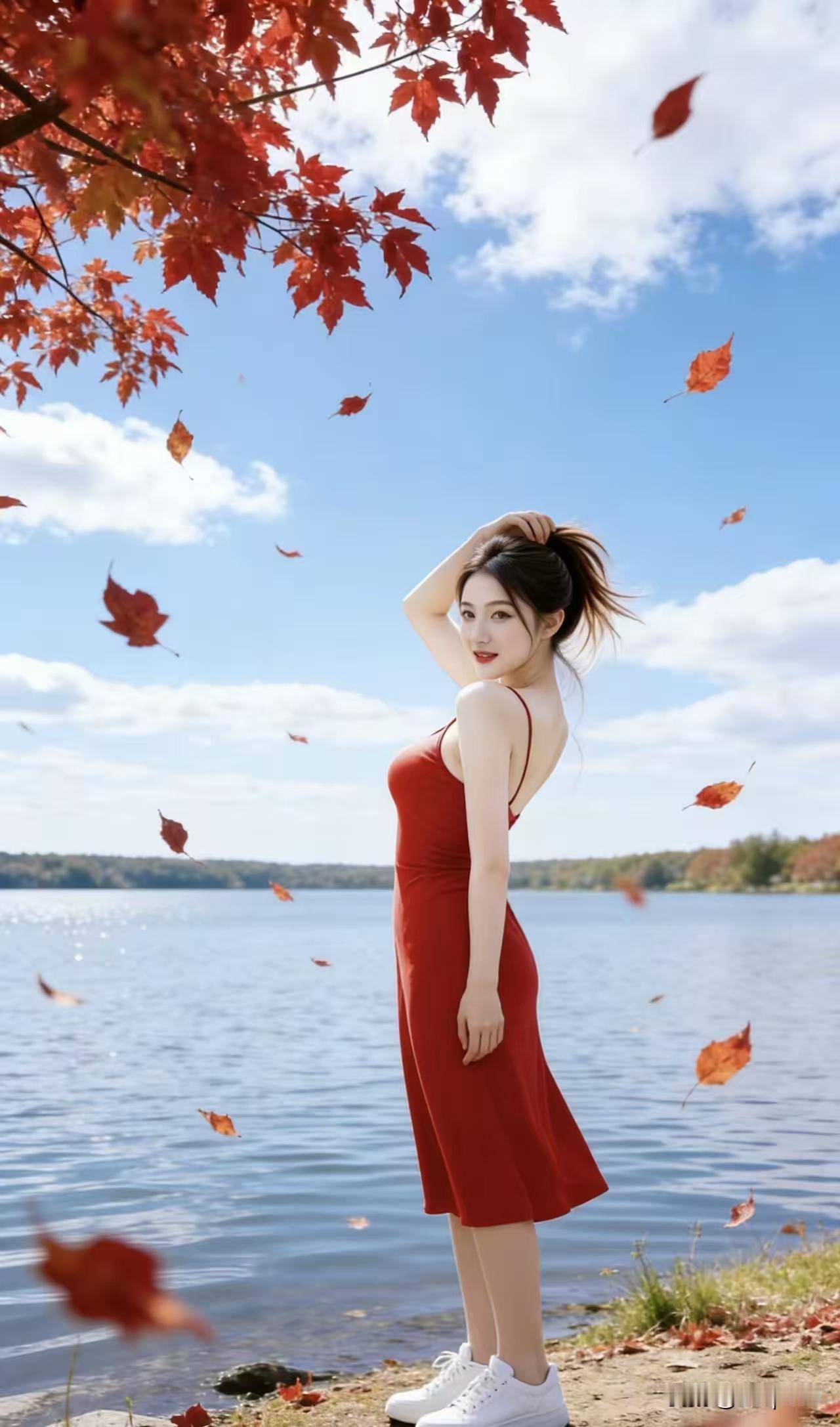 水仙子·湖畔红衣
丹枫临水映清光，
红衣佳人立岸旁。
笑随风起叶飘荡，
秋波凝冷