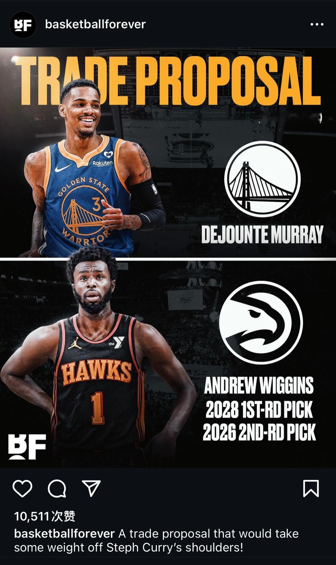 著名媒体BF发文：穆雷和维金斯的交易可能会减轻库里肩上的负担[二哈][二哈][d