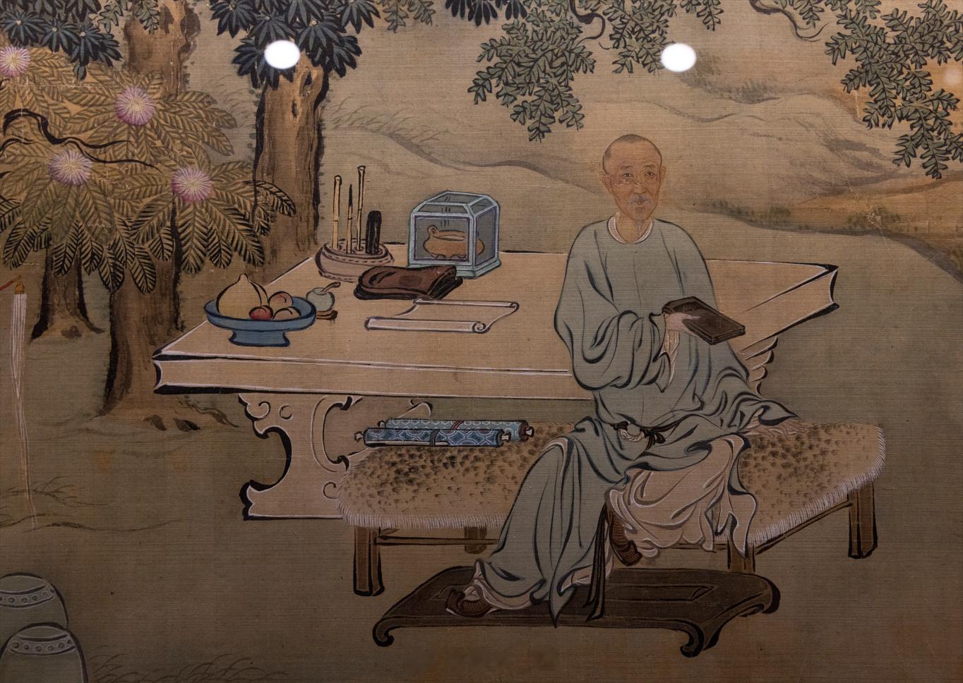 西陂授砚图局部，合欢树、文房都画得挺有意思。西陂授砚图卷，禹之鼎，清•康熙四十九