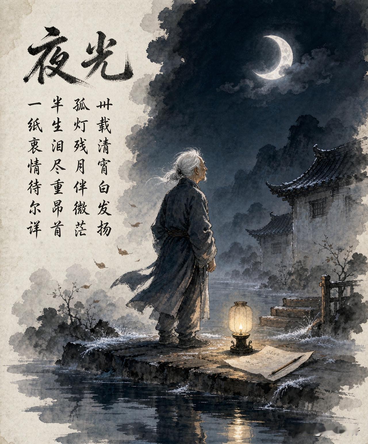 七绝·夜光  ［狐山诗行］

卅载清宵白发扬，孤灯残月伴微茫。
半生泪尽重昂首，