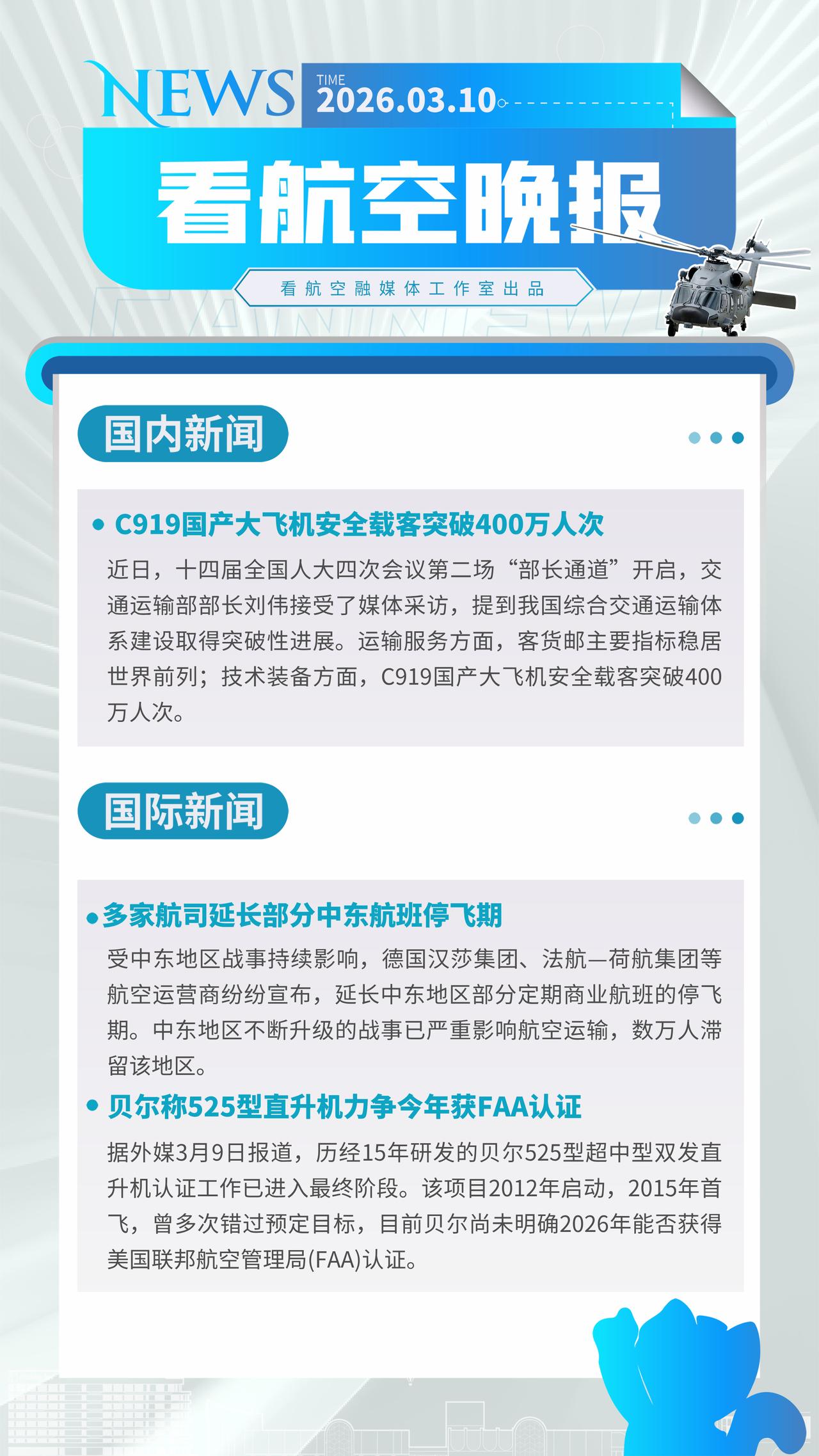 3.10晚报
C919国产大飞机安全载客突破400万人次
多家航司延长部分中东航