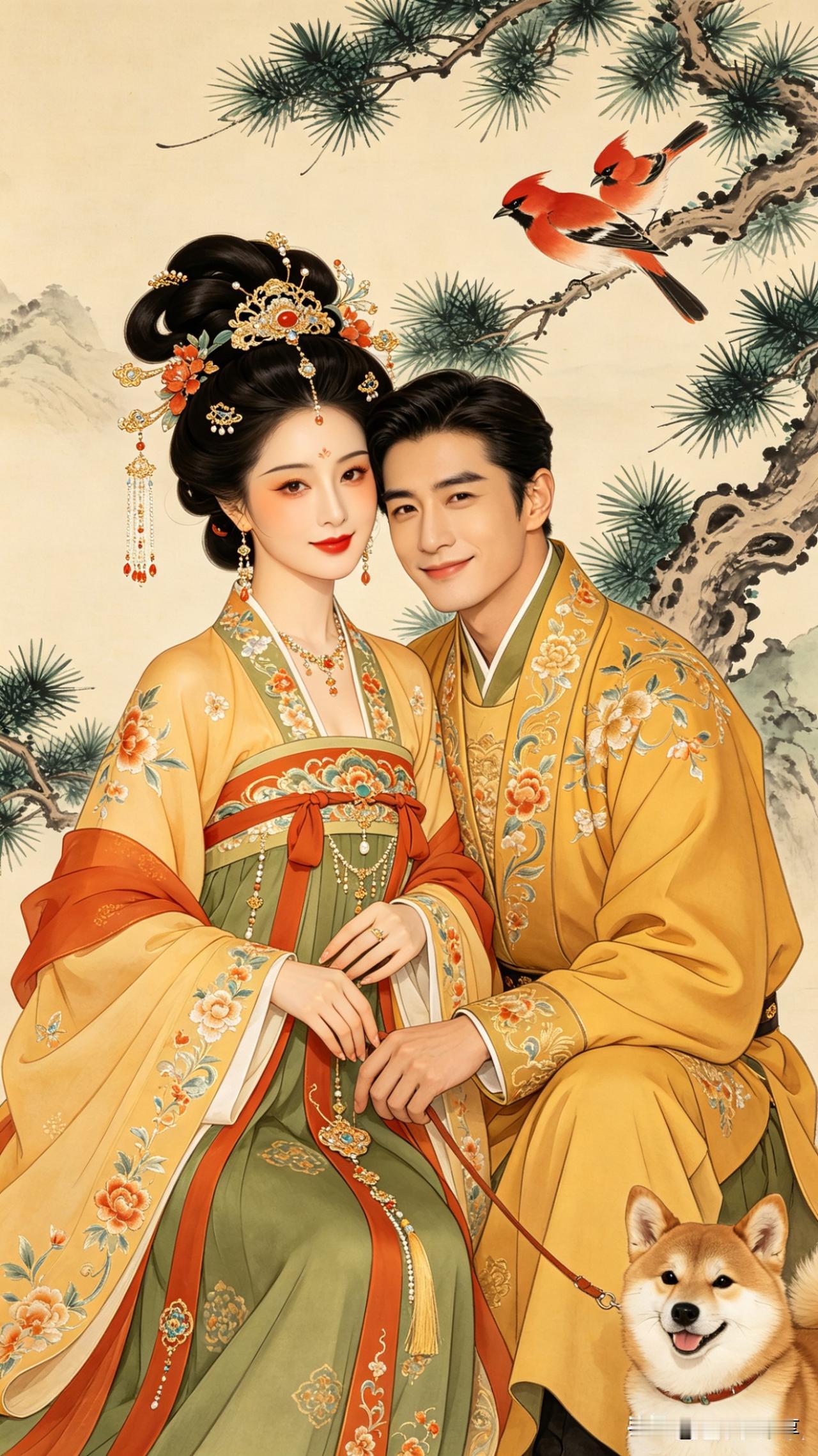 水调歌头·古风雅韵

华服映松翠，双影倚云屏。
金钗珠翠流彩，红鸟啭枝鸣。
黄袂