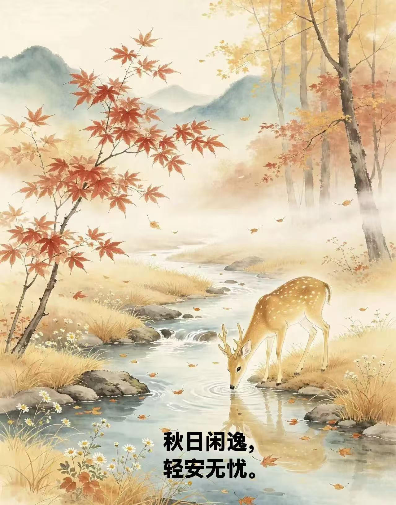 小鹿在河畔饮水，秋景美得仿佛是从画卷里拓出来的。
午后的暖阳斜斜穿过红透的枫树林