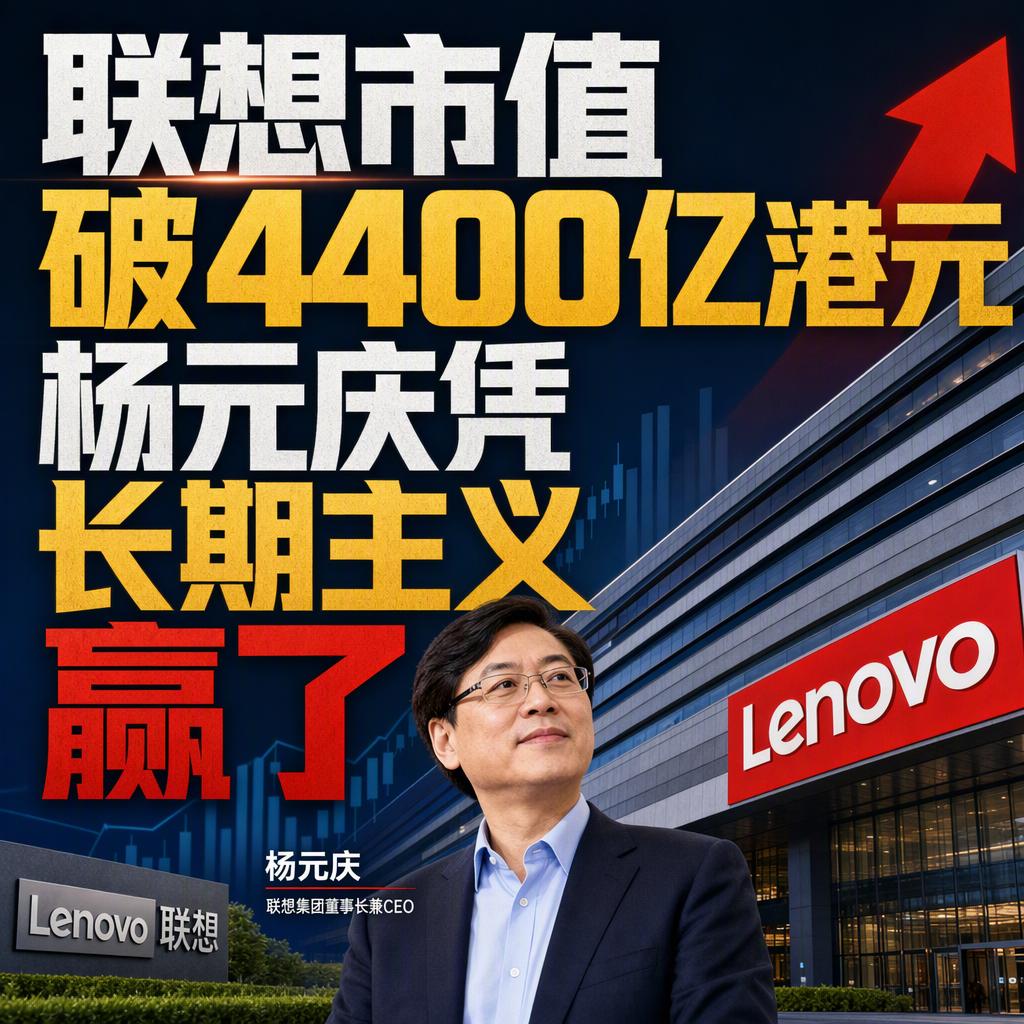长期主义不是熬时间，是熬对了方向。联想市值六个月内涨到4405亿港元，涨了三倍，
