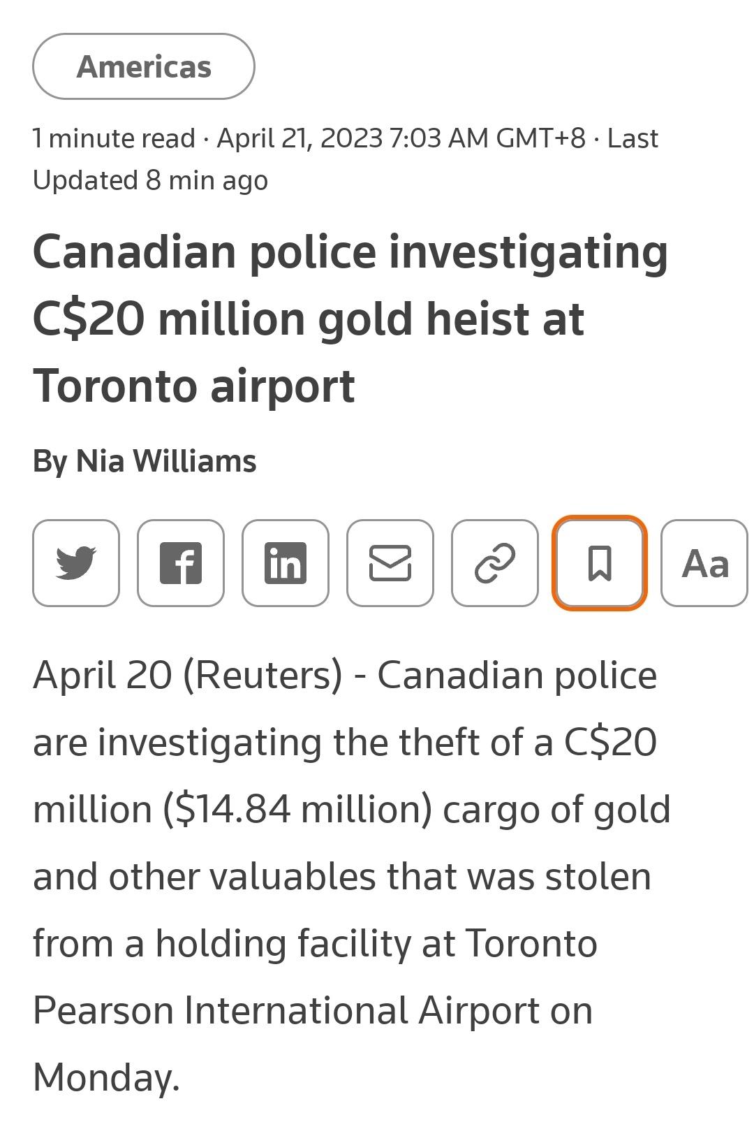 加拿大多伦多机场价值超2000万加元的黄金被盗加拿大多伦多皮尔逊机场发生黄金盗窃