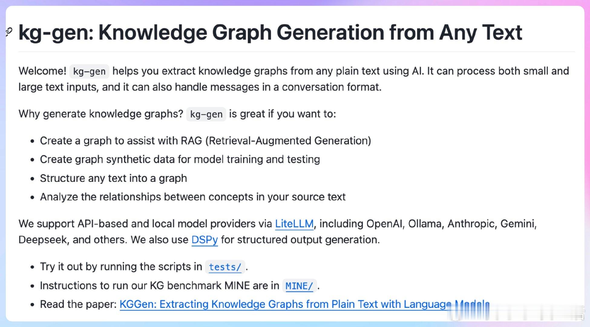 【kg-gen：从任何文本中提取知识图谱的AI工具。亮点：1. 支持多种输入格式
