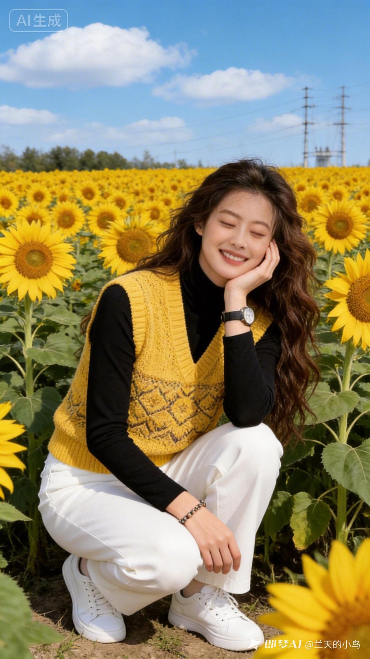 在向日葵田中，微笑的少女与阳光相伴，温暖而美好。
