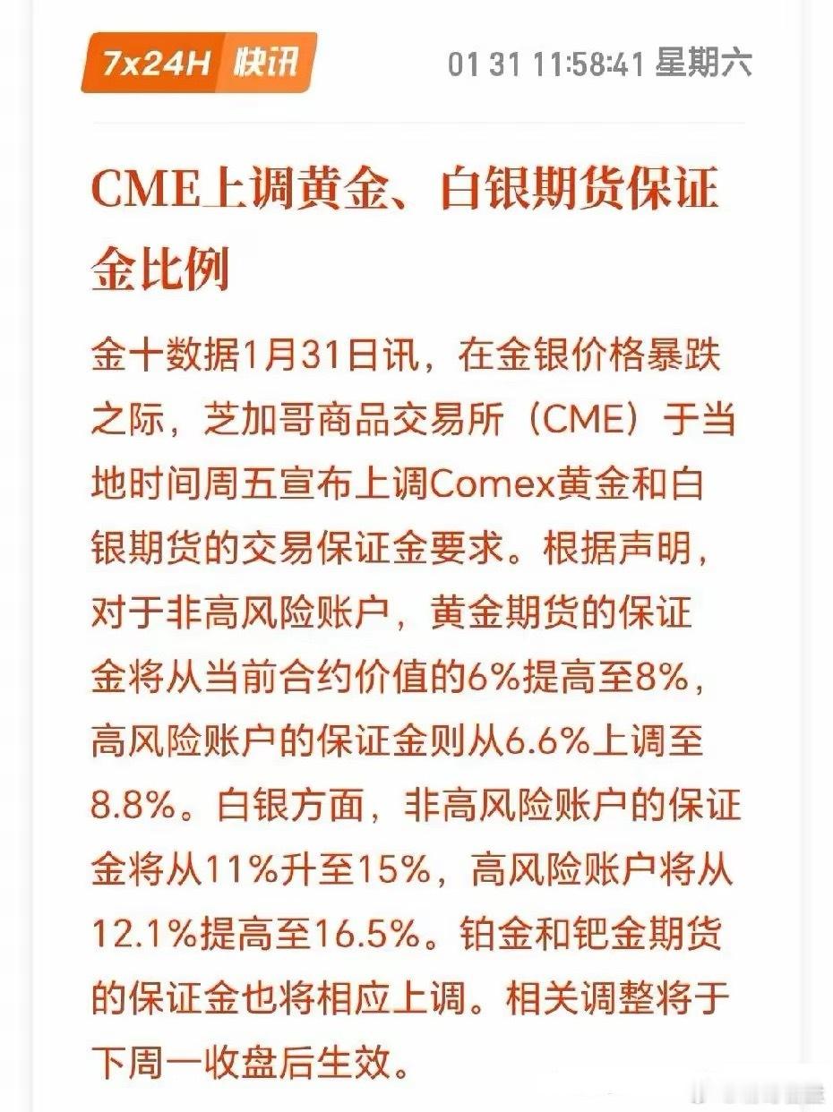 重磅：CME周末提黄金和白银保证金！最新消息，提保，下周一收盘后生效。包括黄金、