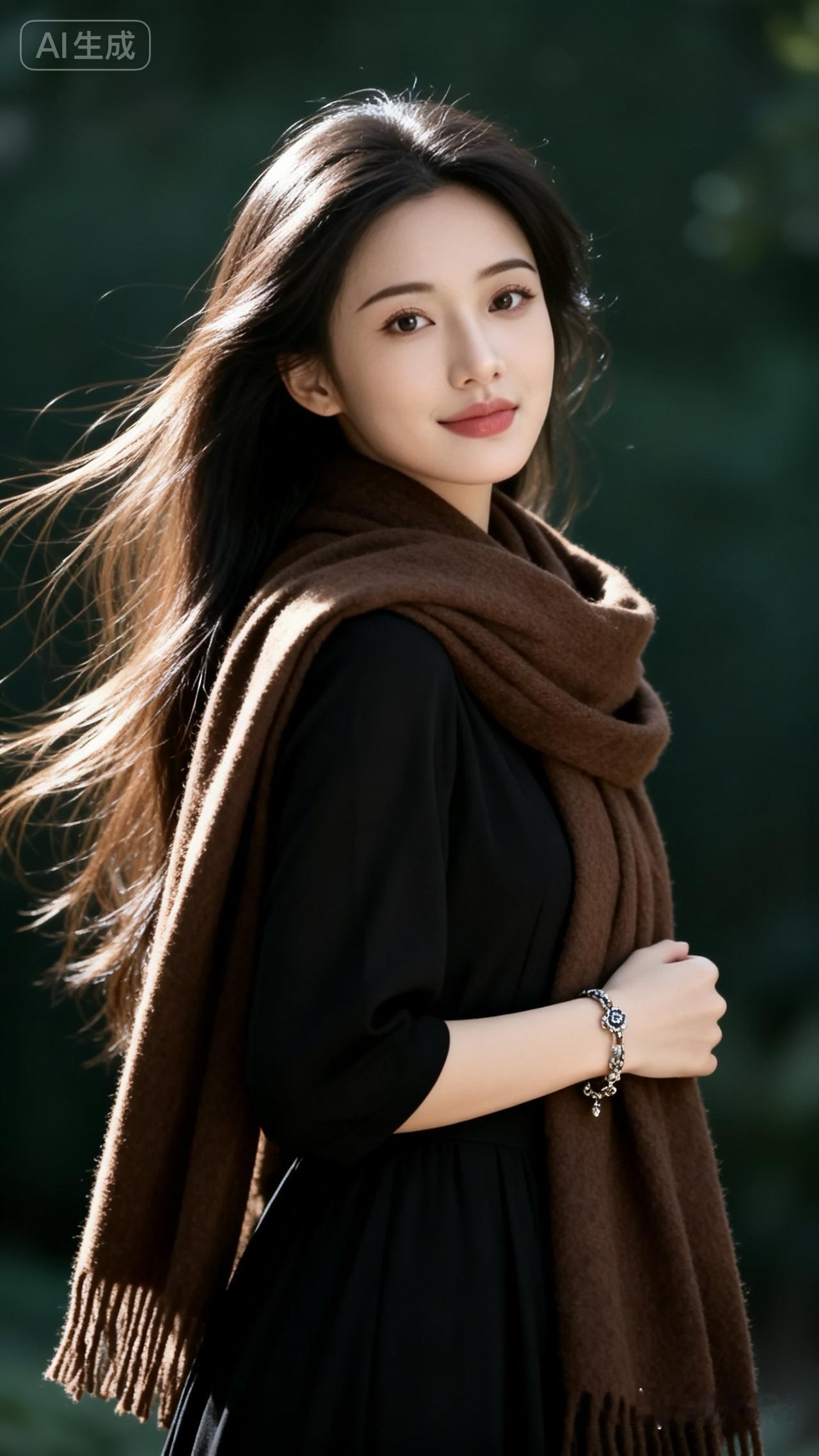 秋日暖阳下的优雅黑裙与棕色围巾，尽显温柔与时尚。