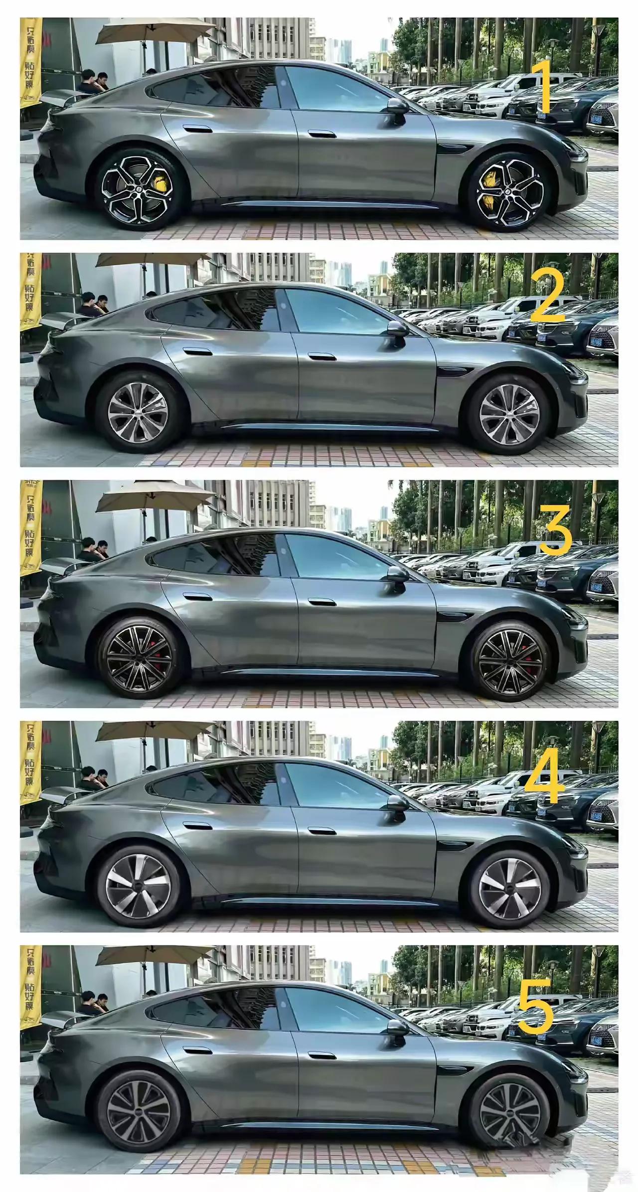 车的轮毂就像游戏里的皮肤，真的很吸引眼球。
这是小米SU7的选装轮毂，你觉得哪个