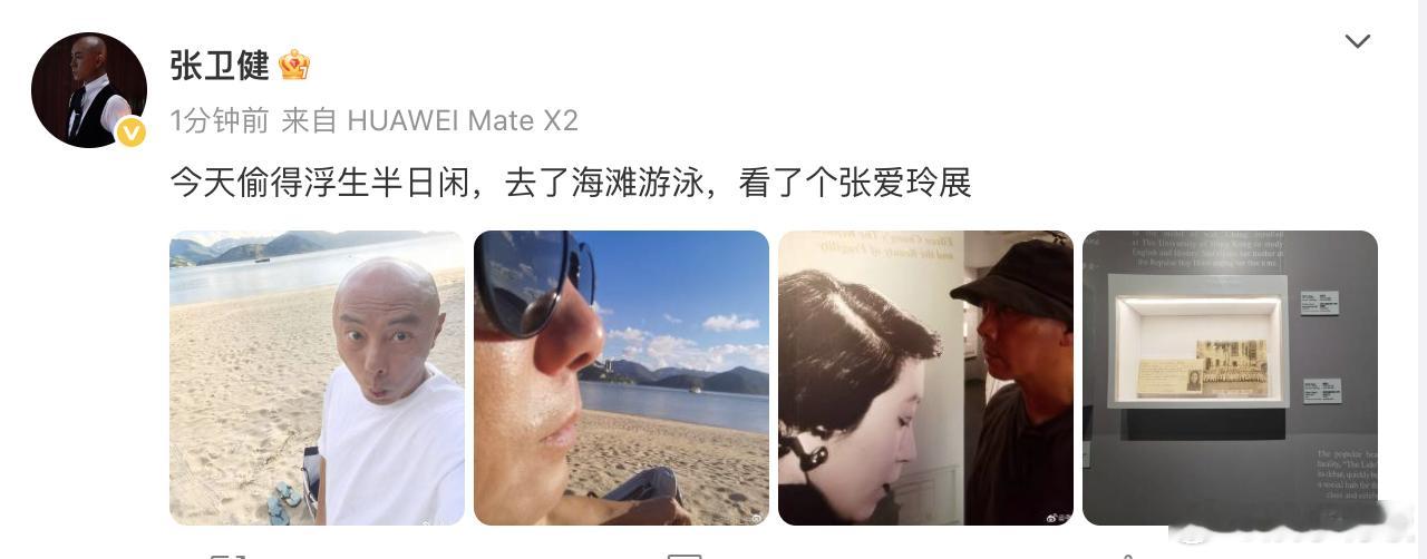 张卫健去海滩游泳张卫健看张爱玲展  ​​​今日 “偷得浮生半日闲”，先去海滩畅快