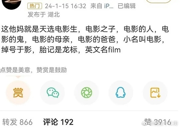 i猜人，天选电影生，电影之子，电影的母亲，电影的爸爸，胎记是龙标，英文名film