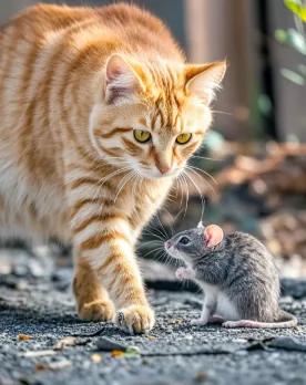 猫戏鼠儿乐，静观天地情。#悠闲惬意的小猫# #悠闲的小猫生活# #和睦相处的猫咪