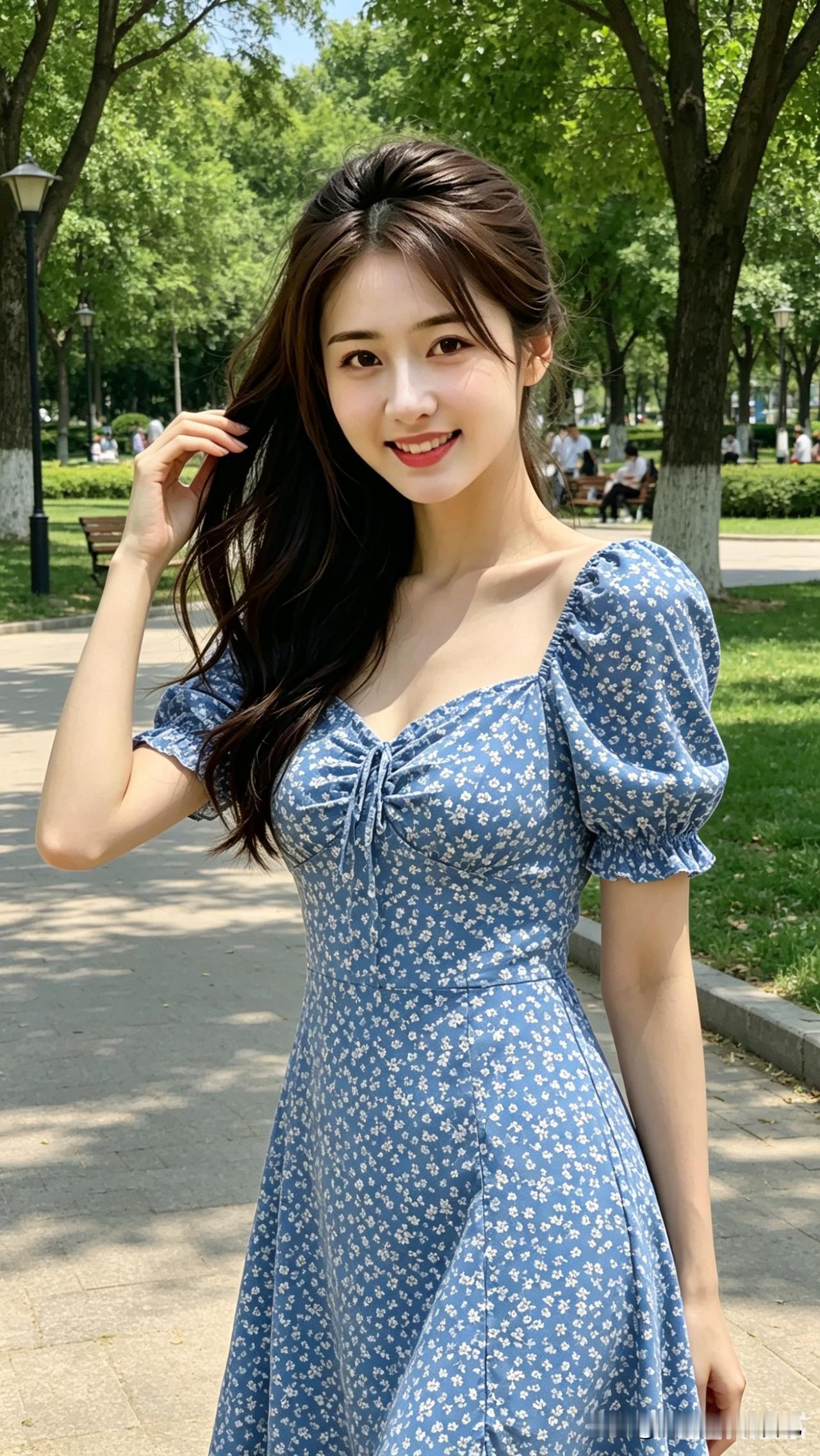 夏天的风、公园的树，和穿着蓝碎花裙的她，凑成了最舒服的画面。
她站在树荫下，笑容