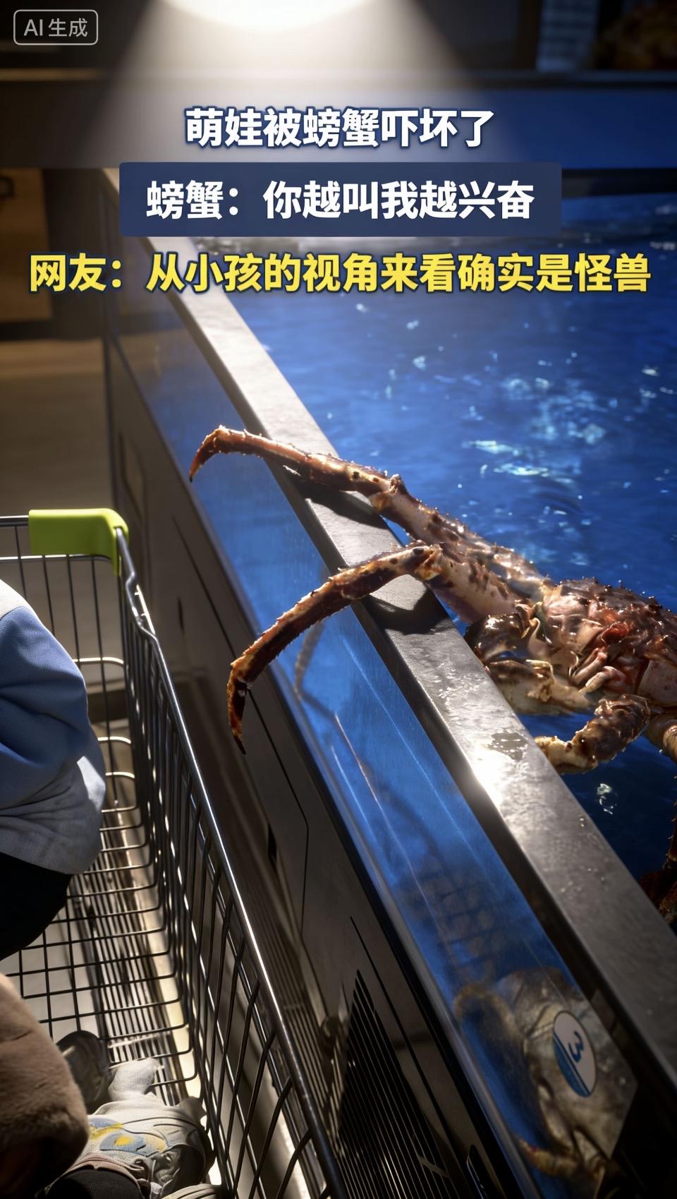 萌娃被螃蟹吓坏，网友：从小孩的视角来看真是怪兽这只螃蟹着实个头不小，挥舞着那一对