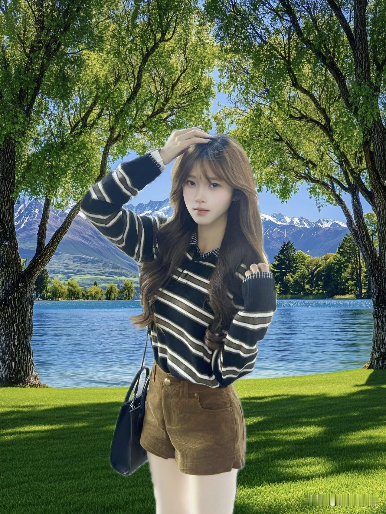 在湖畔树荫下，元气少女与自然亲密接触🌿💚