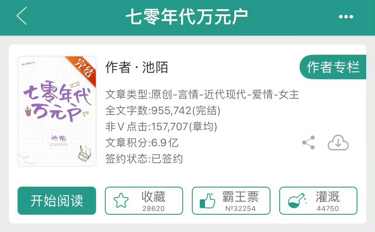 小说推荐：《七零年代万元户》 作者:池陌简评：聪慧上进女学霸vs痞气糙汉兵哥哥，