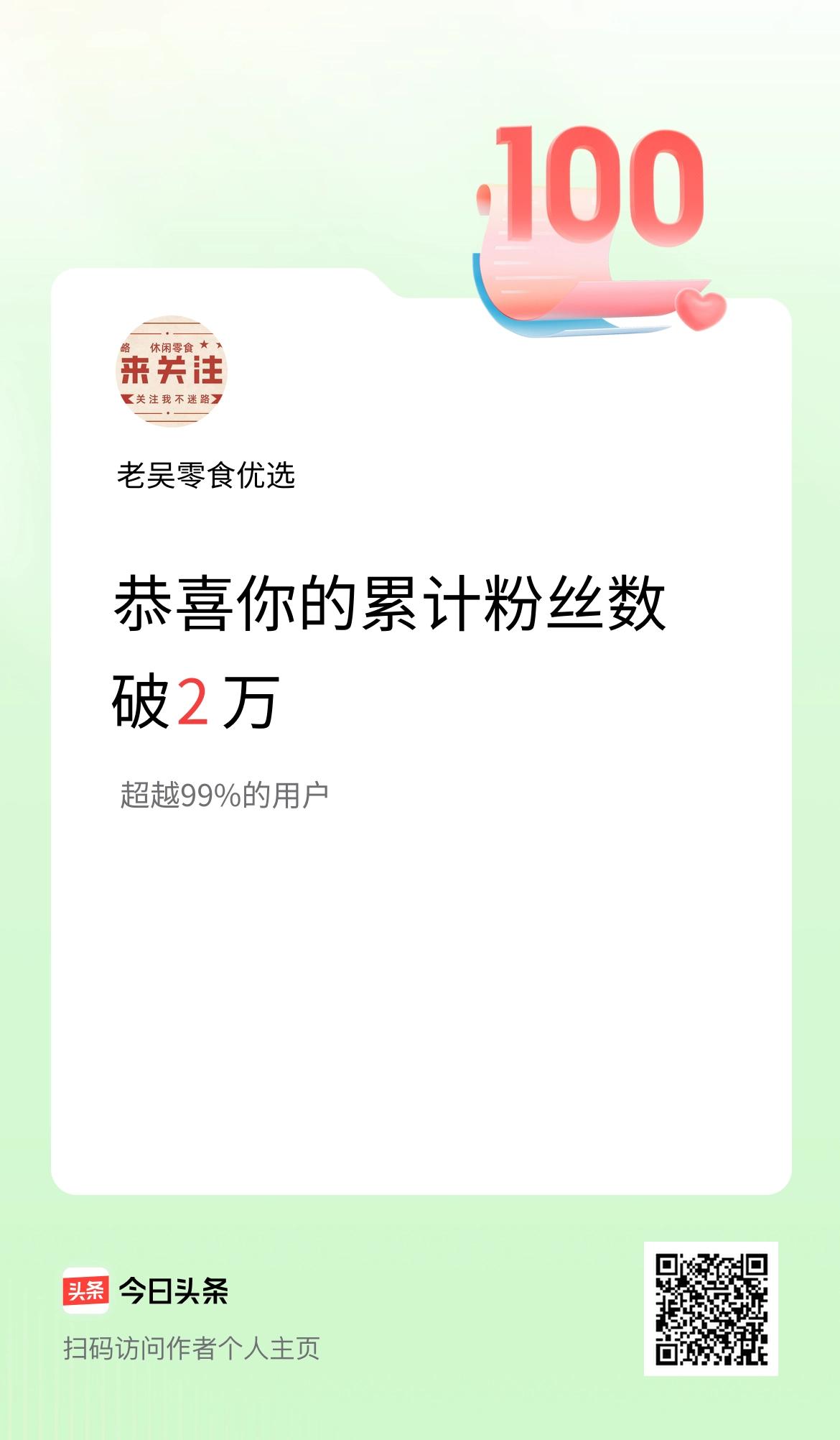 我在头条累计粉丝数破2万啦！