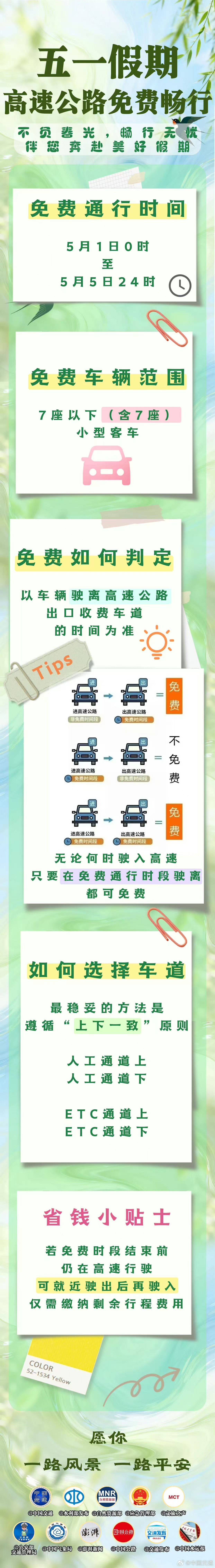 五一假期全国高速公路免费五一期间，7座以下（含7座）小型客车上高速公路免收通行费