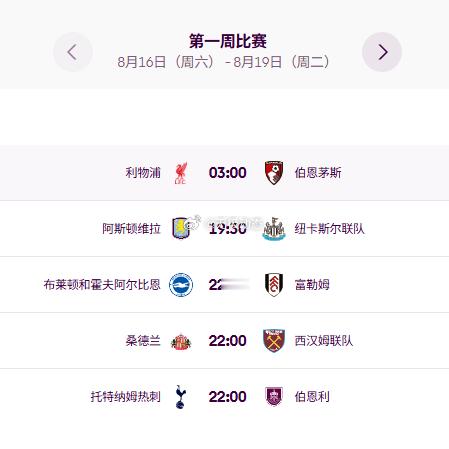 英超8月16对战表已出 ​​​