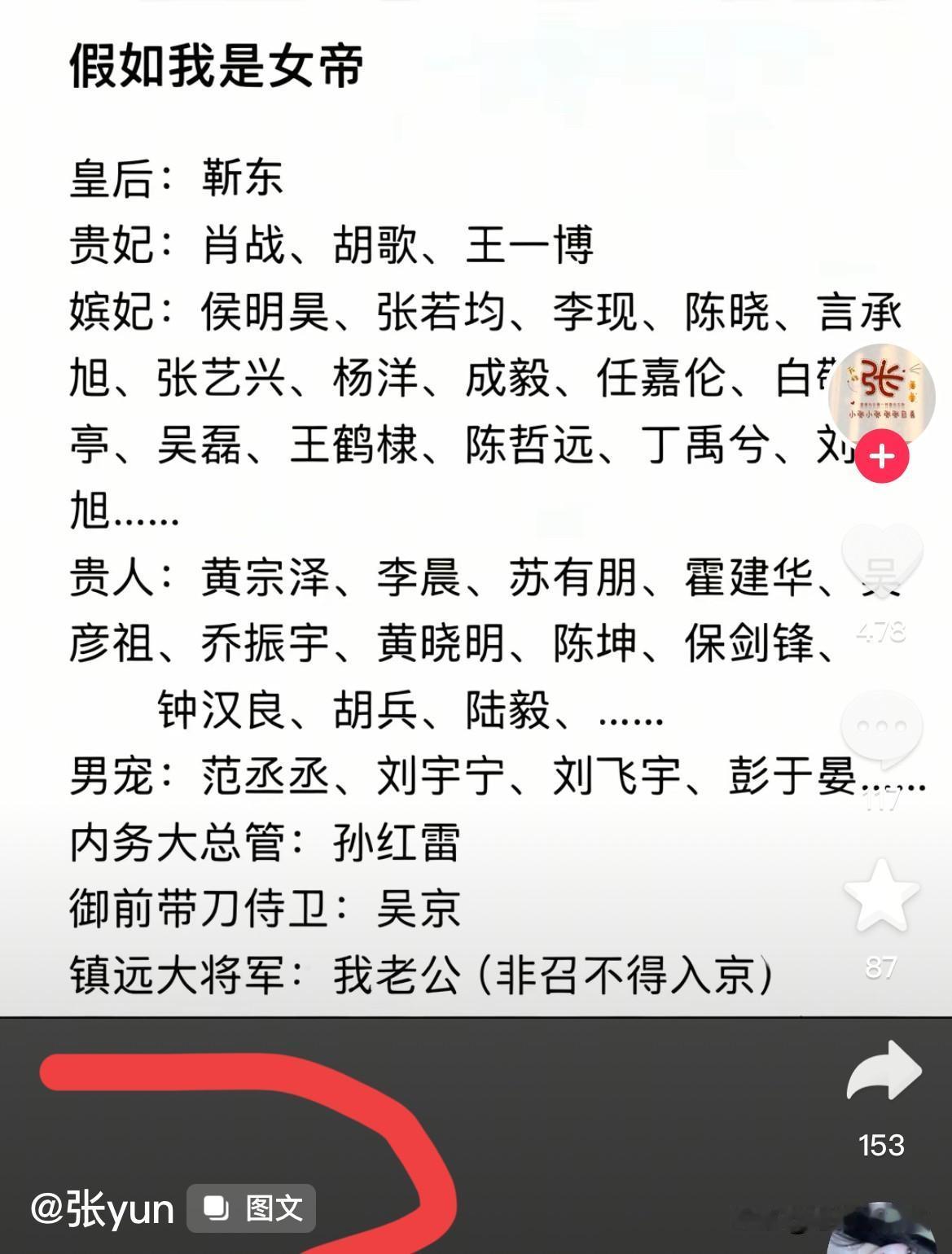女网友张Yun，以“武则天”的身份，盘点了一下她心目中的男神。
（如图）

一看