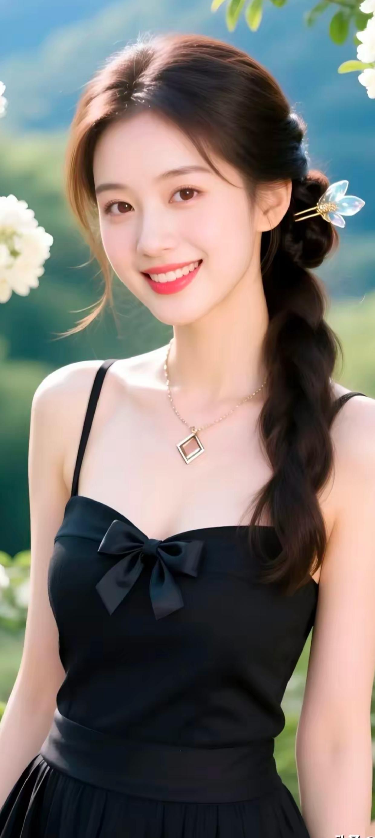 夏日清新少女，黑裙蝴蝶结，微笑如花绽放