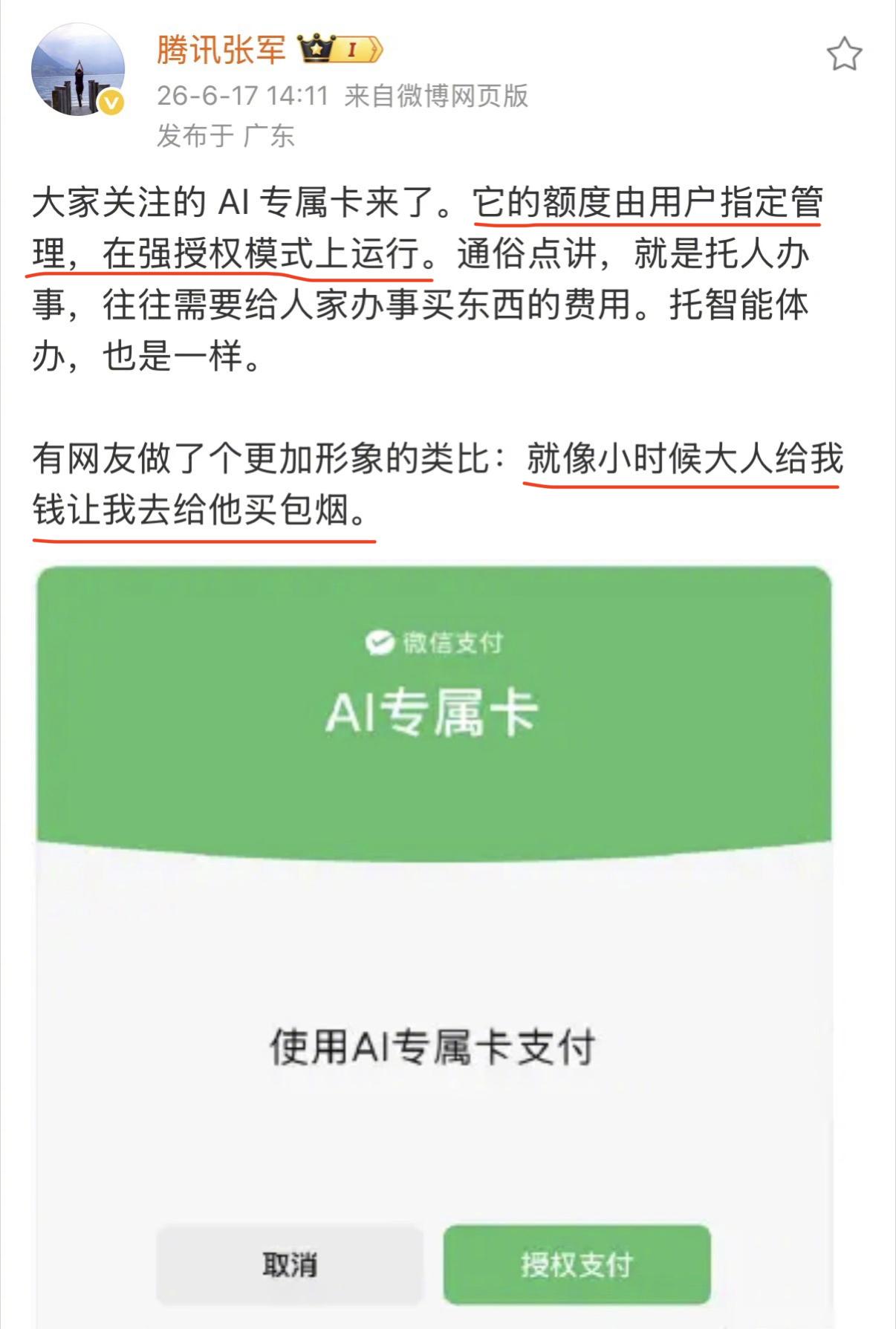 AI支付来临，今天微信支付发布AI专属卡用于用户指令AI支付。

AI专属卡金额