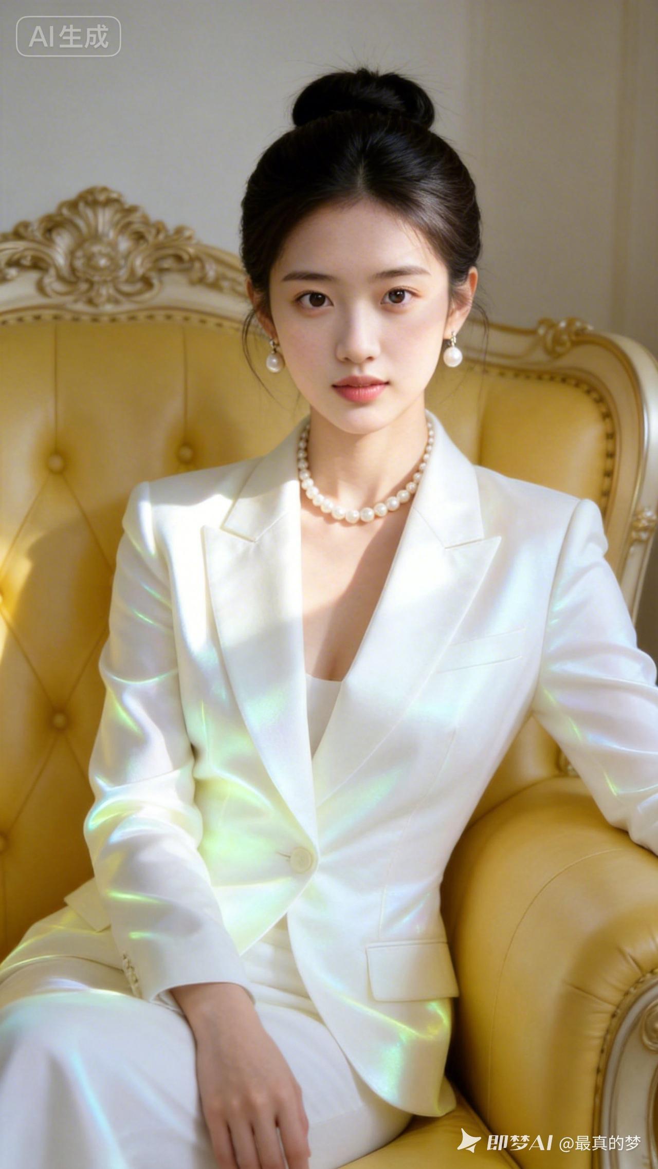 少女妆容清新温婉，身材曼妙。身着荧光白高定西服，精致盘发搭配珍珠耳饰与项链，端坐