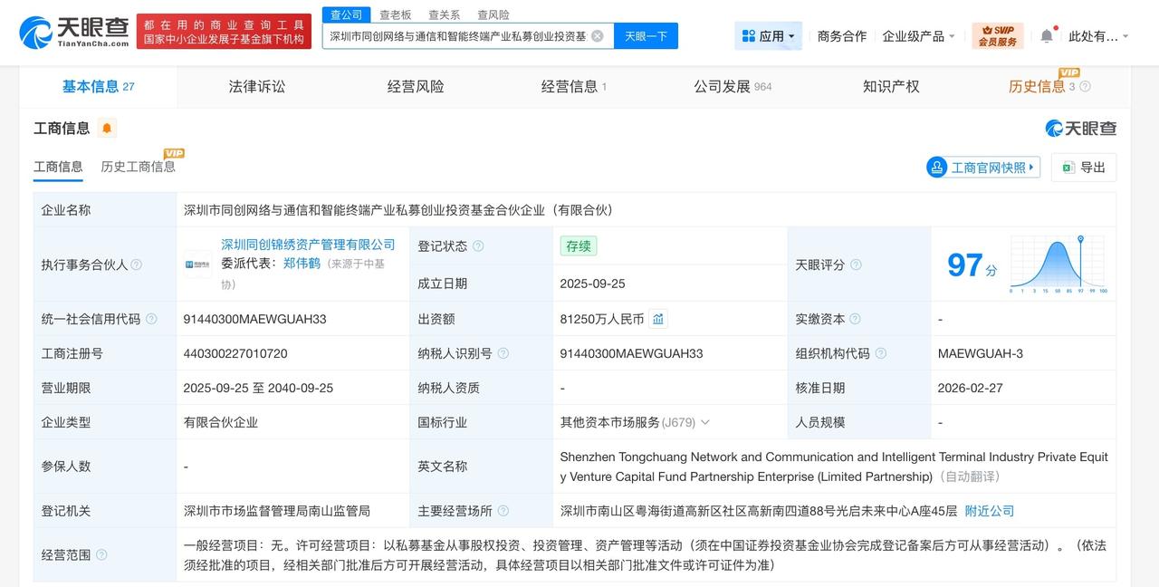 深圳同创网络与通信和智能终端产业私募基金增资至8.1亿 增幅约10%

天眼查工