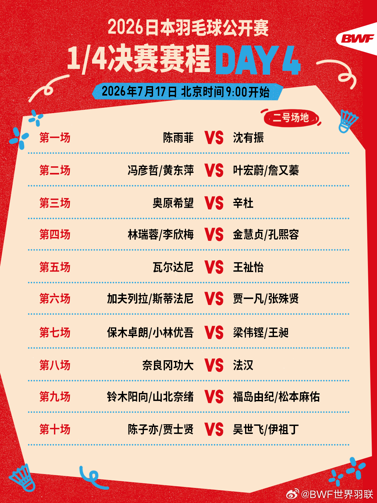 2026年日本羽毛球公开赛 1/4决赛赛程🔥第四日赛程 上午九点开打🏸焦点战