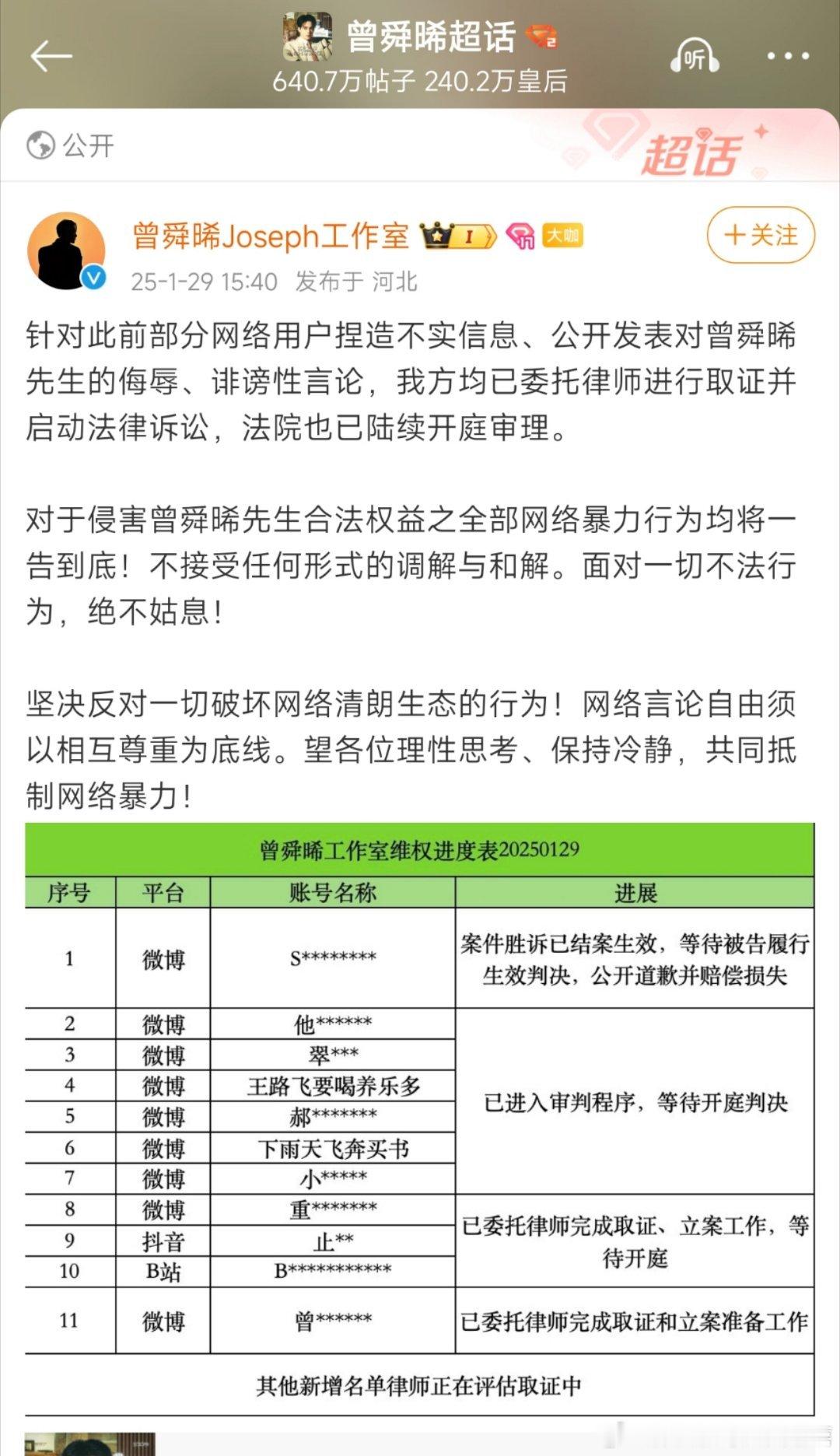 曾舜晞工作室大年初一发布告黑进展，过年也在工作，厉害了 