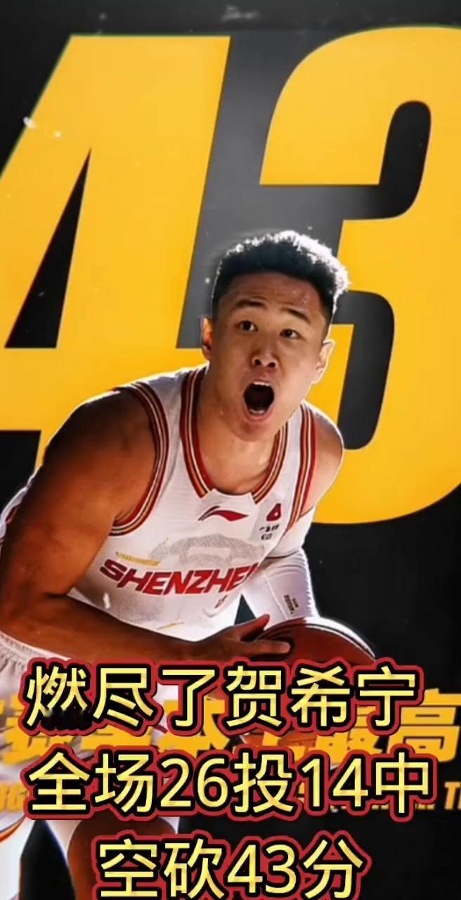 燃尽了贺希宁，全场26投14中，空砍43分。
家队有你一席之地。