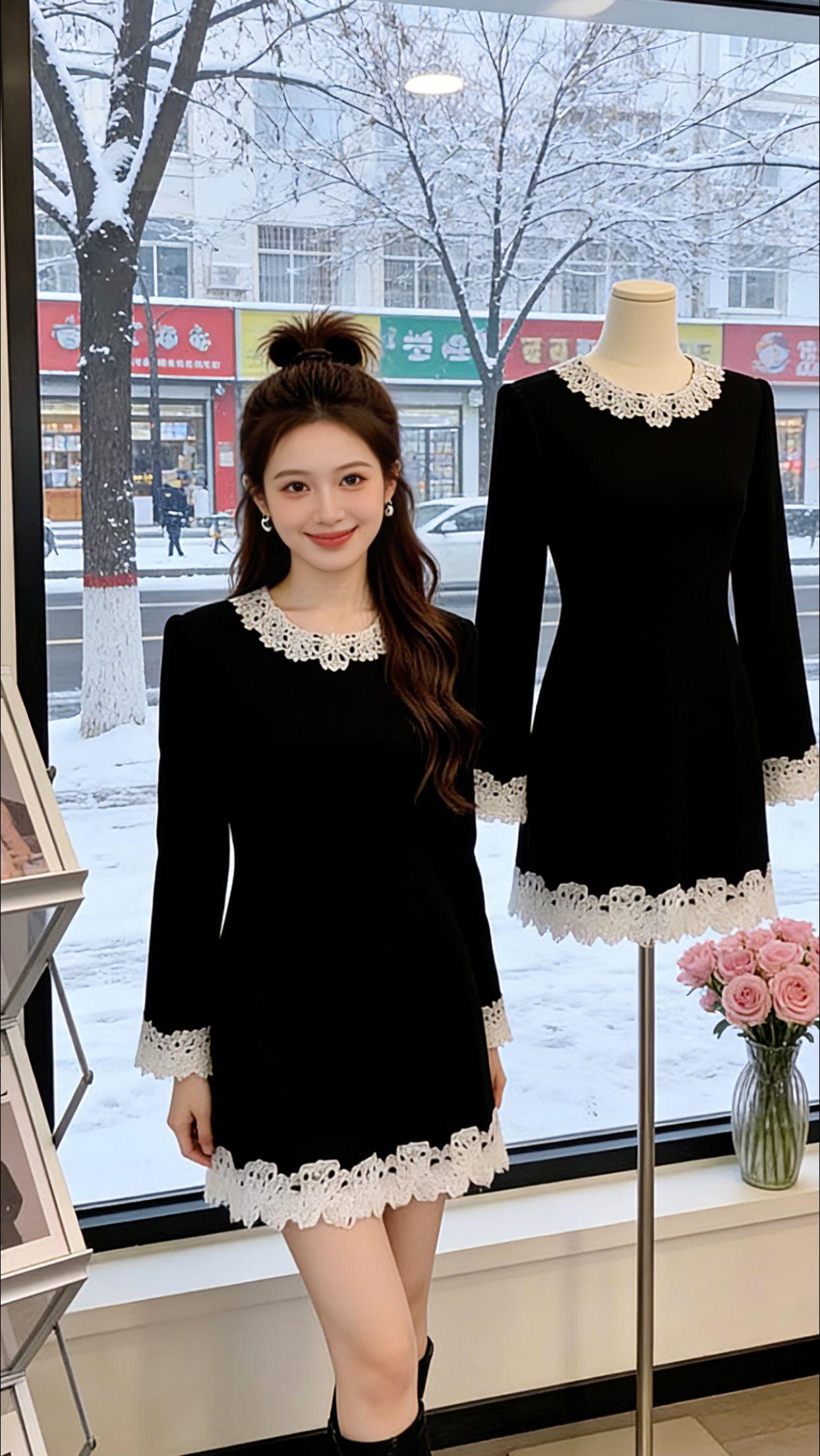 Danny早春选款一眼相中这条黑裙！雪景窗边搭模特款超有氛围感，咖啡馆拍复古大片
