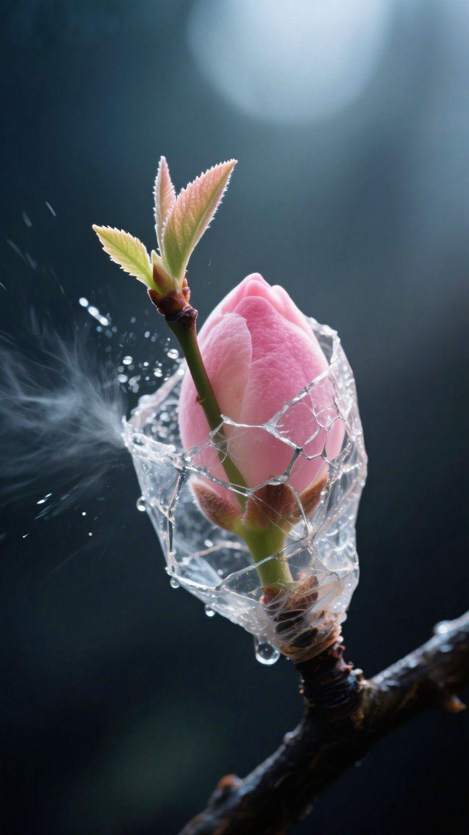 破冰绽芳华
 
薄冰如琉璃般裹着粉嫩的花苞，冰纹在光影里碎裂成网，水珠溅起时，新