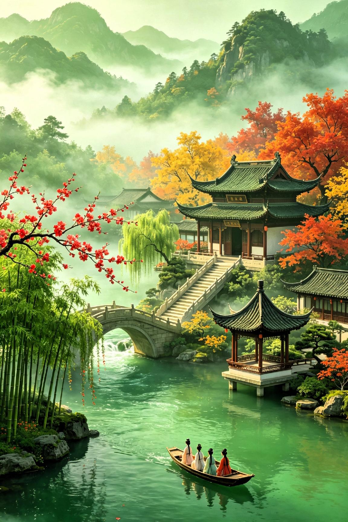 七言 诗一首《烟雨秋景》
黛色层峦锁江城，一叶轻舟自在行！



友友们！提笔写