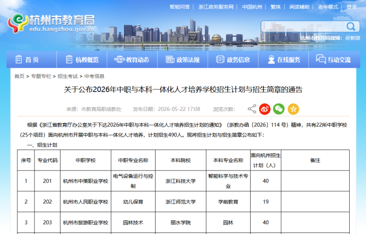 新增三个专业，扩招15人！2026年中本一体招生简章发布，面向杭州招收490人